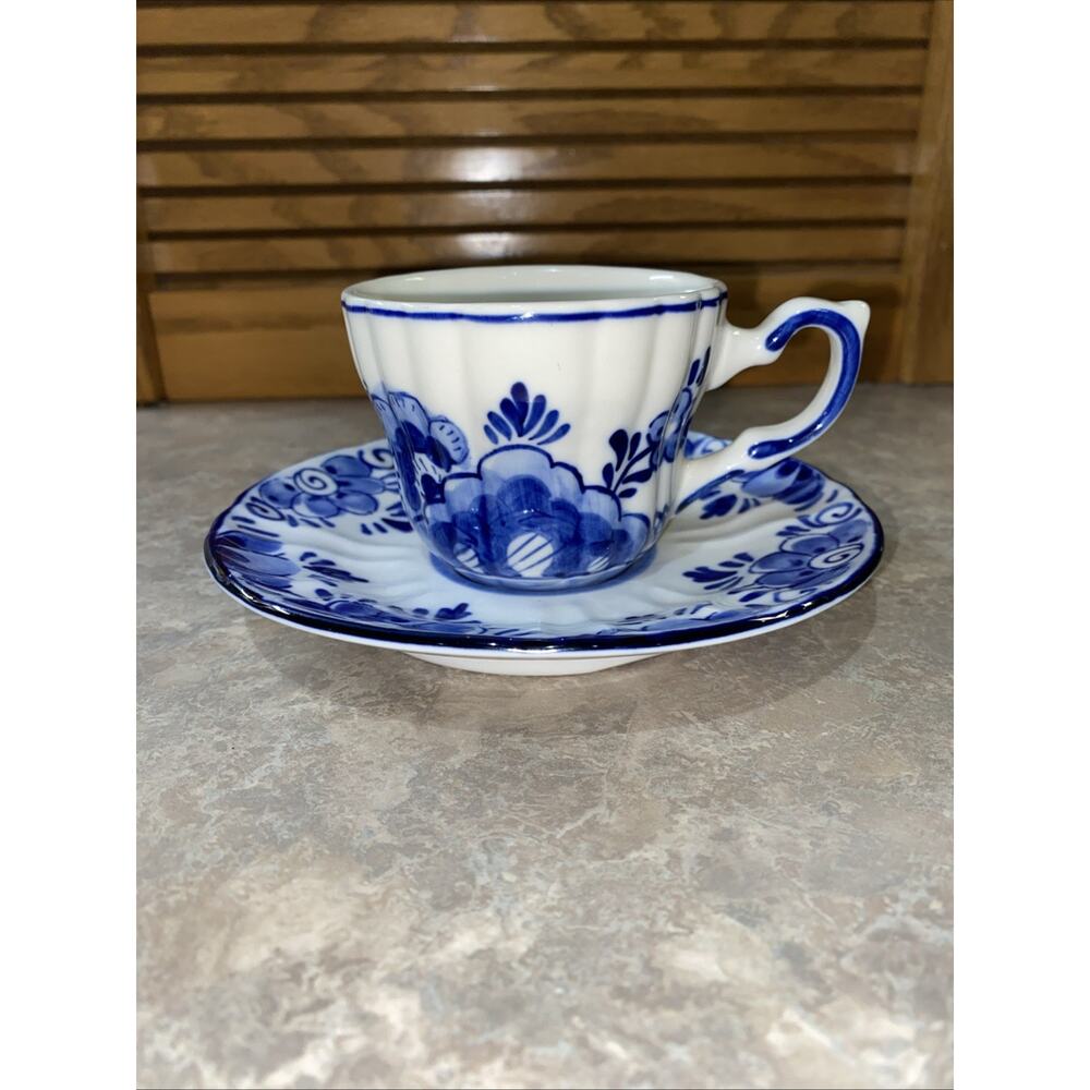 Vintage Hand painted Delft Blue Demitasse Cup And Saucer Cottage Core Floral